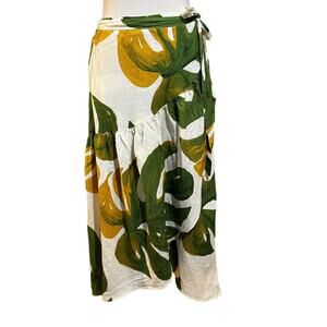 Rachel Zoe Monstera Plant Leaf Wrap Skirt Size Medium Linen Blend Green Gold